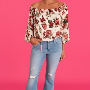 Floral Off-Shoulder Top with Light Blue Jeans